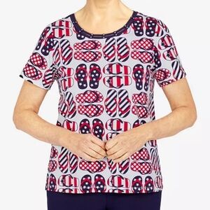 Alfred Dunner American Dream Flip Flops Print Knit‎ Top Beaded Crew Neck SZ:L